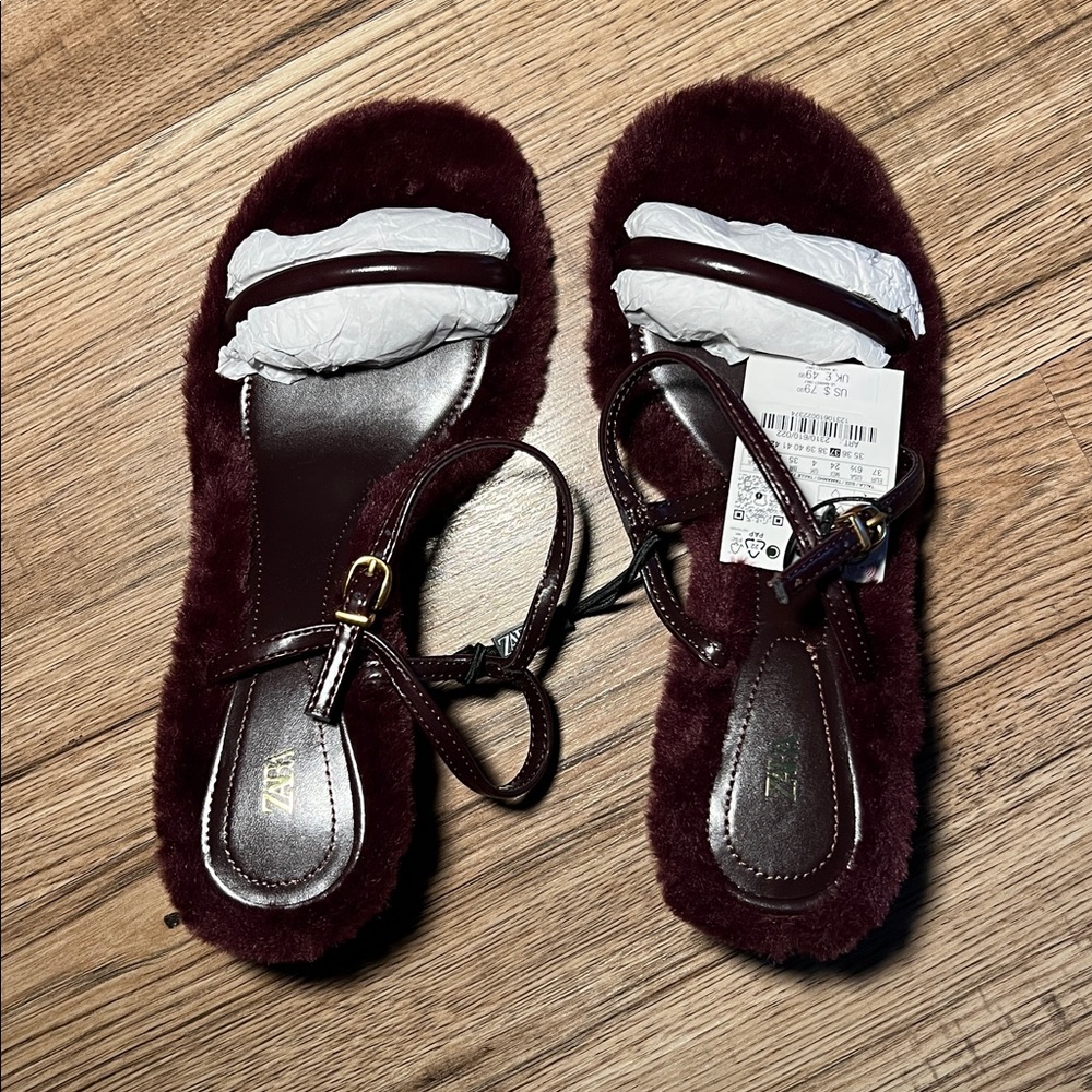 NEW! Zara Faux Fur Sole Heeled Sandals Size 6 1/2 or 37 - Picture 8 of 10